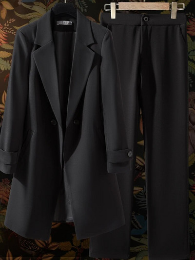 Formalus ilgas švarkas moterims, verslo kostiumai su komplektais, darbo apranga, biuro uniforma, švarkai ir kelnės, 2 dalių rinkinys, 2023 m. ruduo