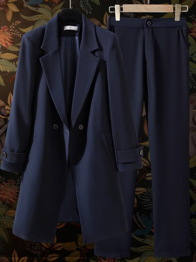 Formalus ilgas švarkas moterims, verslo kostiumai su komplektais, darbo apranga, biuro uniforma, švarkai ir kelnės, 2 dalių rinkinys, 2023 m. ruduo