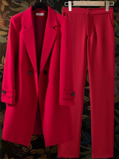 Formalus ilgas švarkas moterims, verslo kostiumai su komplektais, darbo apranga, biuro uniforma, švarkai ir kelnės, 2 dalių rinkinys, 2023 m. ruduo