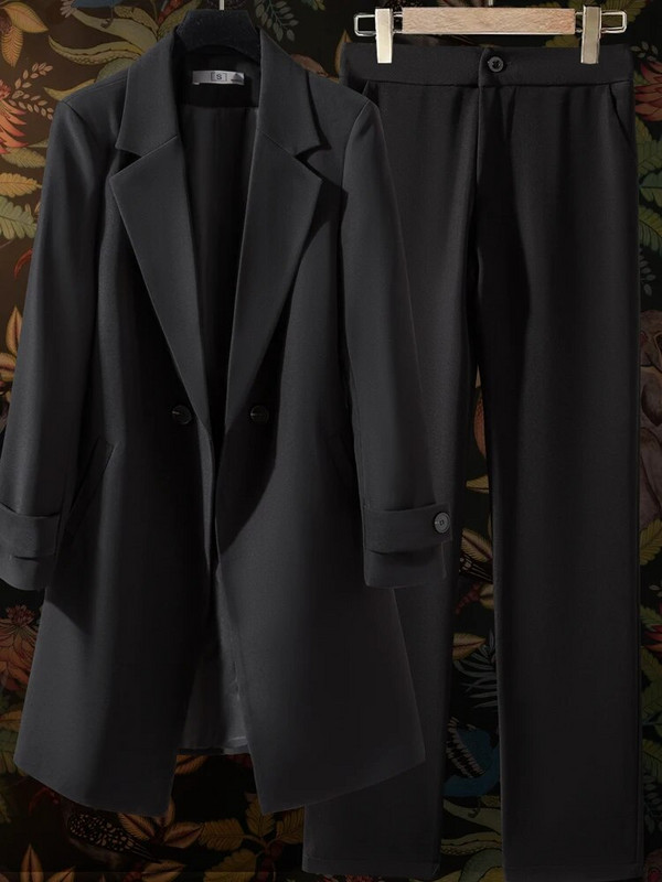 Formalus ilgas švarkas moterims, verslo kostiumai su komplektais, darbo apranga, biuro uniforma, švarkai ir kelnės, 2 dalių rinkinys, 2023 m. ruduo