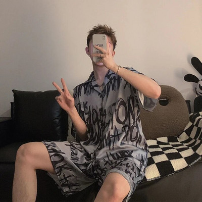 Meeste pidžaamakomplektid siidist satiinist lühikeste varrukatega särk + lühikesed püksid 2 tk ülikond, õhuke magamisriided, ühevärvilised meeste vabaaja koduriided