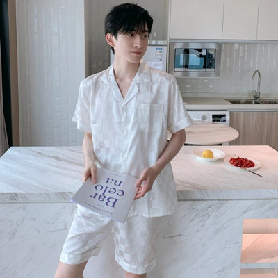 Meeste pidžaamakomplektid siidist satiinist lühikeste varrukatega särk + lühikesed püksid 2 tk ülikond, õhuke magamisriided, ühevärvilised meeste vabaaja koduriided