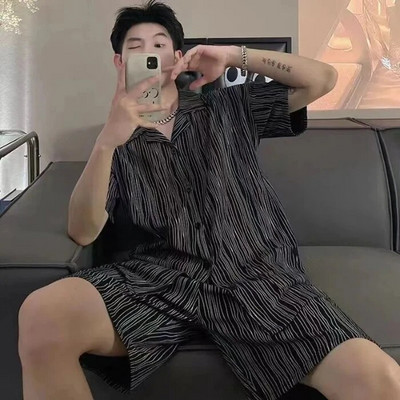 Meeste pidžaamakomplektid siidist satiinist lühikeste varrukatega särk + lühikesed püksid 2 tk ülikond, õhuke magamisriided, ühevärvilised meeste vabaaja koduriided