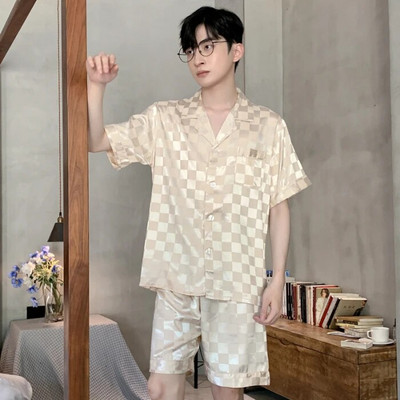 Meeste pidžaamakomplektid siidist satiinist lühikeste varrukatega särk + lühikesed püksid 2 tk ülikond, õhuke magamisriided, ühevärvilised meeste vabaaja koduriided