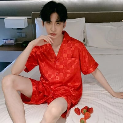 Meeste pidžaamakomplektid siidist satiinist lühikeste varrukatega särk + lühikesed püksid 2 tk ülikond, õhuke magamisriided, ühevärvilised meeste vabaaja koduriided