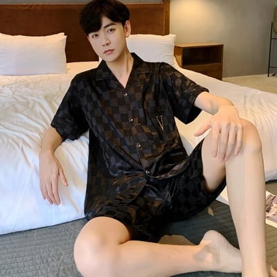 Meeste pidžaamakomplektid siidist satiinist lühikeste varrukatega särk + lühikesed püksid 2 tk ülikond, õhuke magamisriided, ühevärvilised meeste vabaaja koduriided