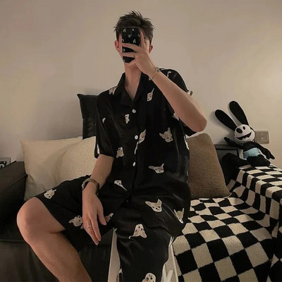 Meeste pidžaamakomplektid siidist satiinist lühikeste varrukatega särk + lühikesed püksid 2 tk ülikond, õhuke magamisriided, ühevärvilised meeste vabaaja koduriided