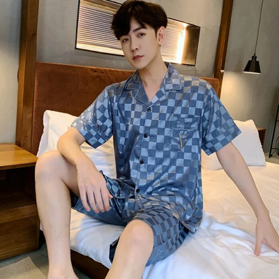 Meeste pidžaamakomplektid siidist satiinist lühikeste varrukatega särk + lühikesed püksid 2 tk ülikond, õhuke magamisriided, ühevärvilised meeste vabaaja koduriided