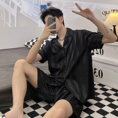 Meeste pidžaamakomplektid siidist satiinist lühikeste varrukatega särk + lühikesed püksid 2 tk ülikond, õhuke magamisriided, ühevärvilised meeste vabaaja koduriided