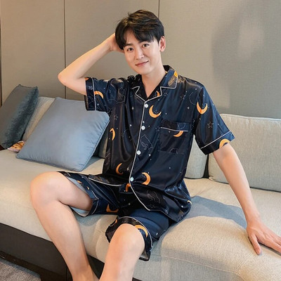 Meeste pidžaamakomplektid siidist satiinist lühikeste varrukatega särk + lühikesed püksid 2 tk ülikond, õhuke magamisriided, ühevärvilised meeste vabaaja koduriided