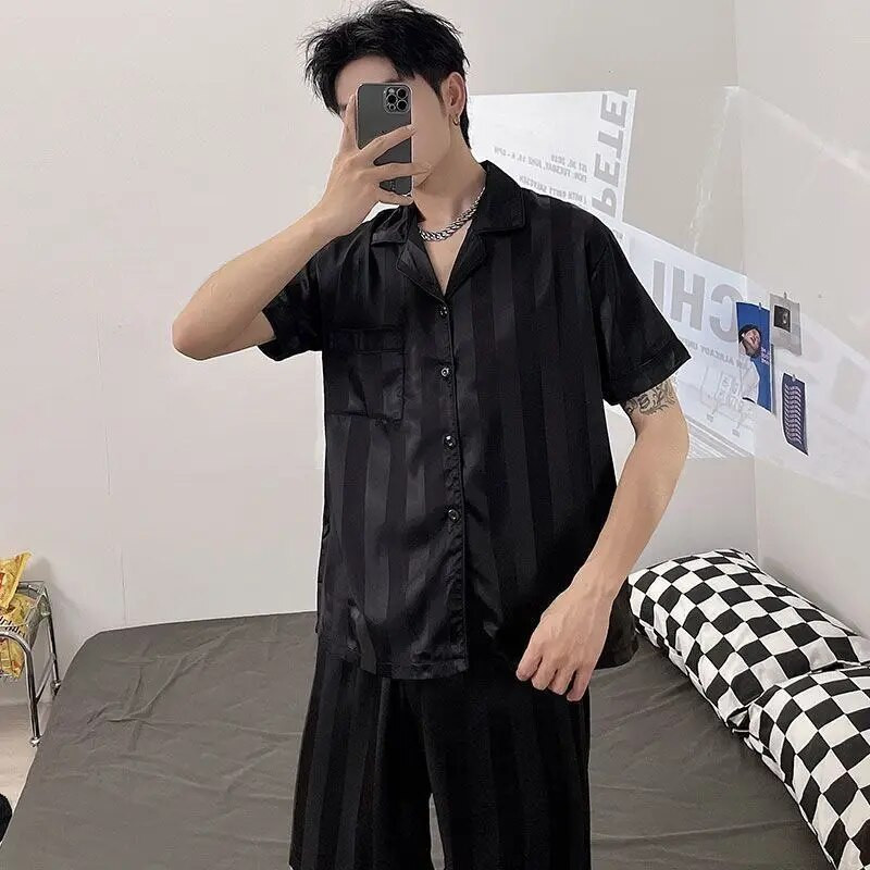 Meeste pidžaamakomplektid siidist satiinist lühikeste varrukatega särk + lühikesed püksid 2 tk ülikond, õhuke magamisriided, ühevärvilised meeste vabaaja koduriided