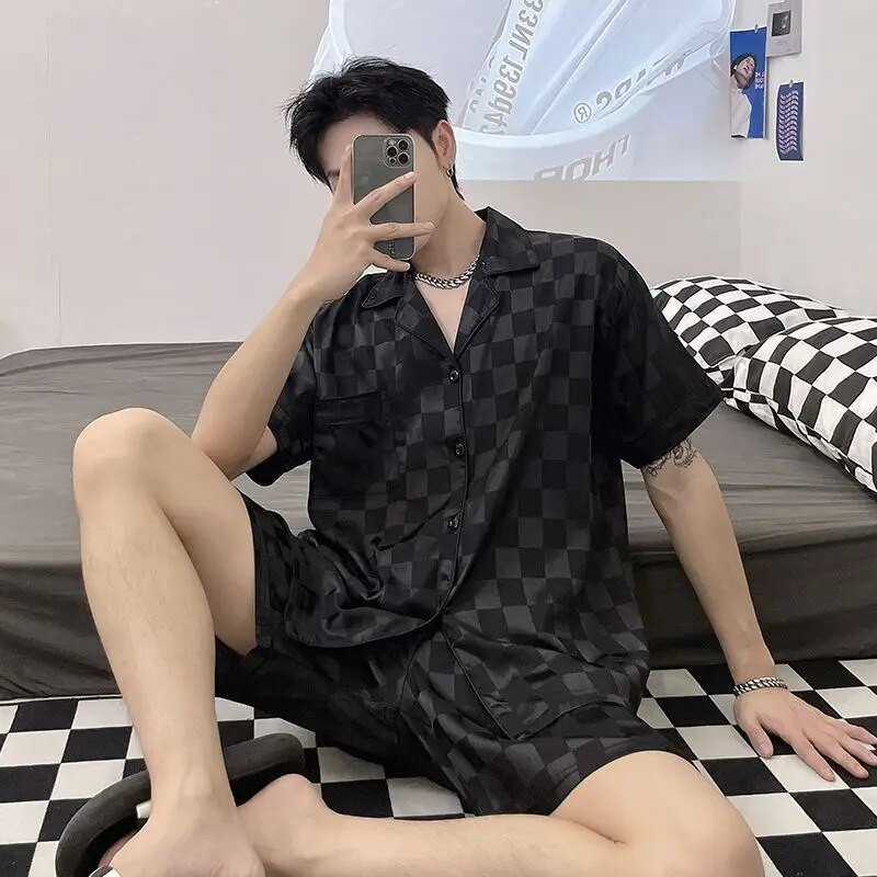 Meeste pidžaamakomplektid siidist satiinist lühikeste varrukatega särk + lühikesed püksid 2 tk ülikond, õhuke magamisriided, ühevärvilised meeste vabaaja koduriided