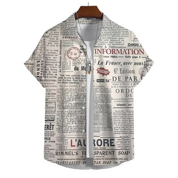 Винтидж риза с модел на вестници за мъже, летни ваканционни ежедневни ризи, креативна графична улична блуза с къс ръкав