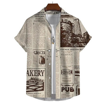 Винтидж риза с модел на вестници за мъже, летни ваканционни ежедневни ризи, креативна графична улична блуза с къс ръкав