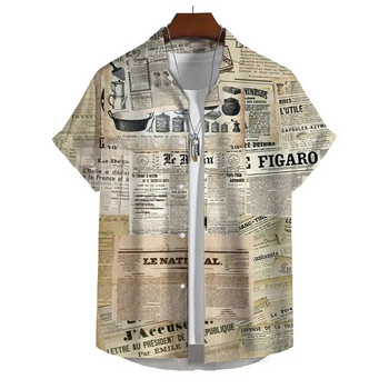 Vintage πουκάμισο με μοτίβο εφημερίδας για άντρες Καλοκαιρινές διακοπές casual πουκάμισα Δημιουργικό γραφικό κοντομάνικο Streetwear Oversized μπλούζα
