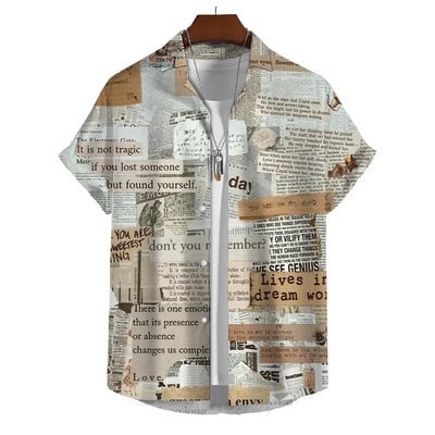 Starinska košulja s novinskim uzorkom za muškarce Ležerne košulje za ljetni odmor Kreativna grafička ulična odjeća Prevelika bluza