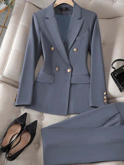 Sivo Crno Plavo Bijelo žensko odijelo s hlačama dugih rukava Jednobojni ženski sako i svečani komplet hlača od 2 komada za jesen zimu