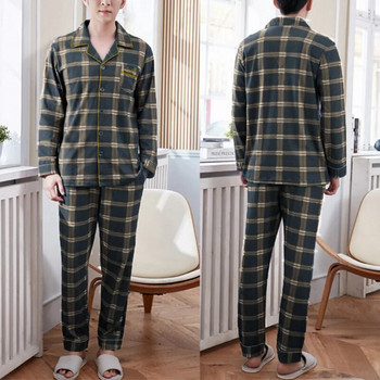 Комплект пижами за мъже Пролет Есен Горни панталони с дълъг ръкав Бельо от 2 части Памучно спално облекло Удобни домашни дрехи