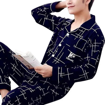 Pižamos rinkinys Vyrams Pavasario rudens ilgomis rankovėmis viršutinės kelnės 2 dalių apatinis trikotažas Medvilniniai miego drabužiai Patogūs namų drabužiai
