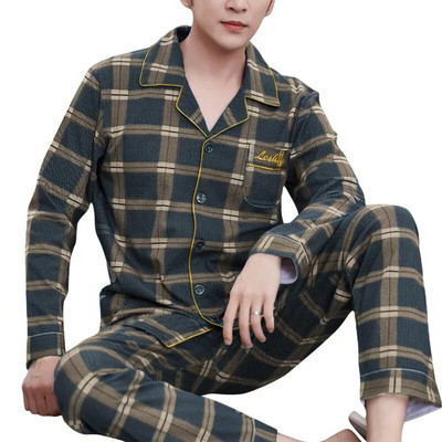 Pižamos rinkinys Vyrams Pavasario rudens ilgomis rankovėmis viršutinės kelnės 2 dalių apatinis trikotažas Medvilniniai miego drabužiai Patogūs namų drabužiai