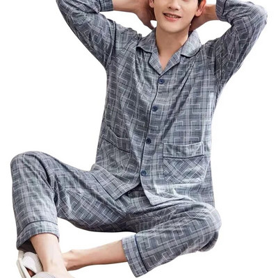 Pižamos rinkinys Vyrams Pavasario rudens ilgomis rankovėmis viršutinės kelnės 2 dalių apatinis trikotažas Medvilniniai miego drabužiai Patogūs namų drabužiai