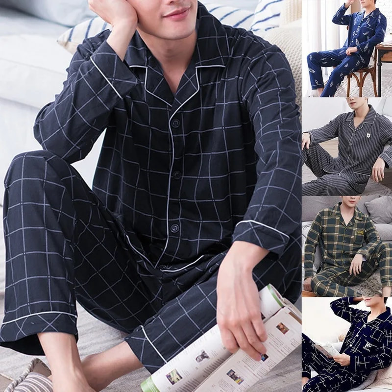 Pižamos rinkinys Vyrams Pavasario rudens ilgomis rankovėmis viršutinės kelnės 2 dalių apatinis trikotažas Medvilniniai miego drabužiai Patogūs namų drabužiai