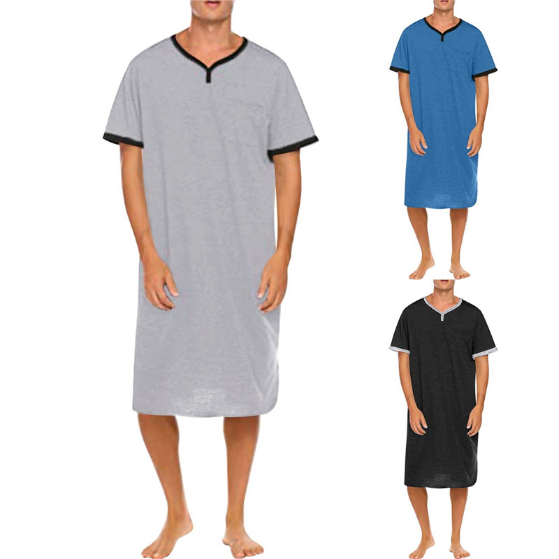 Ανδρικά βαμβακερά νυχτικά Ρόμπες με κοντό μανίκι Μαλακό βαμβακερό με V λαιμόκοψη Φαρδιά νυχτικά Καλοκαιρινό casual ανδρικά μακρύ μπλουζάκια 2023
