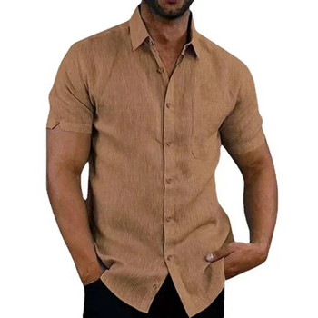 Летни памучни ленени ризи за мъже Ежедневни ризи с къси ръкави Блузи Едноцветна с обърната яка Официални плажни ризи Мъжко облекло