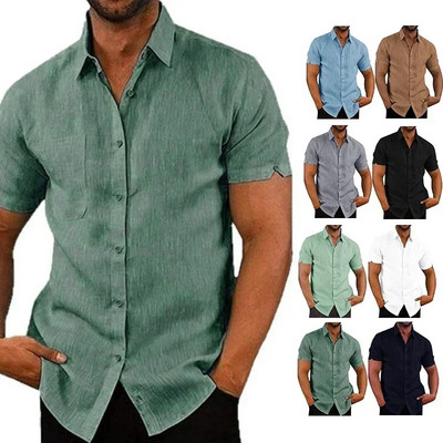 Летни памучни ленени ризи за мъже Ежедневни ризи с къси ръкави Блузи Едноцветна с обърната яка Официални плажни ризи Мъжко облекло