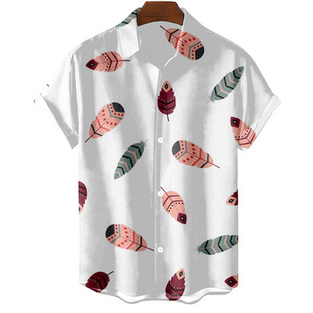 Модна оригинална мъжка риза Hawaii Ежедневна мъжка риза Slim Fit с къси ръкави Горнища с големи размери, семпъл печат на пера Camisa MasculinaA