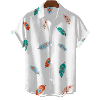 Модна оригинална мъжка риза Hawaii Ежедневна мъжка риза Slim Fit с къси ръкави Горнища с големи размери, семпъл печат на пера Camisa MasculinaA