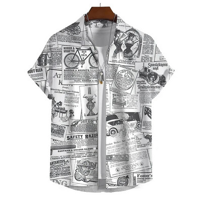 Vintage Newspaper Pattern Shirt For Men Summer Vacation Casual Shirts Creative Graphic Short Sleeve Streetwear Oversized Blouse