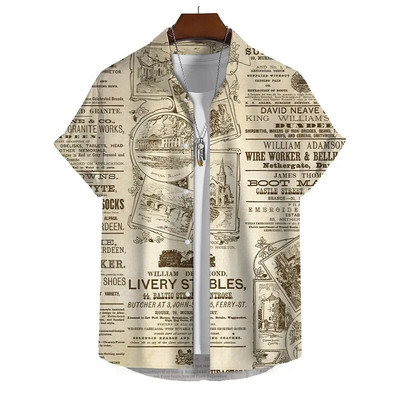 Senoviniai laikraščio rašto marškiniai vyrams Vasaros atostogų laisvalaikio marškiniai Kūrybiški grafiški trumpomis rankovėmis gatvės apranga Didelė palaidinė