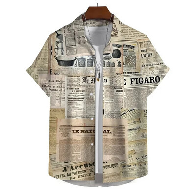 Senoviniai laikraščio rašto marškiniai vyrams Vasaros atostogų laisvalaikio marškiniai Kūrybiški grafiški trumpomis rankovėmis gatvės apranga Didelė palaidinė