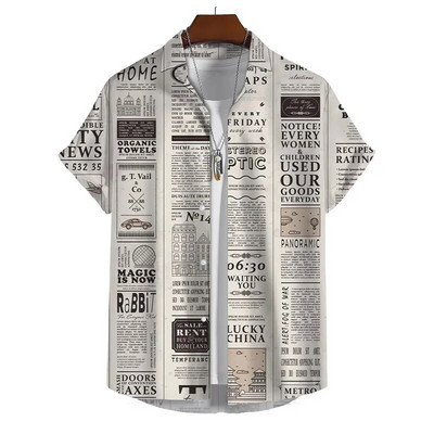 Senoviniai laikraščio rašto marškiniai vyrams Vasaros atostogų laisvalaikio marškiniai Kūrybiški grafiški trumpomis rankovėmis gatvės apranga Didelė palaidinė