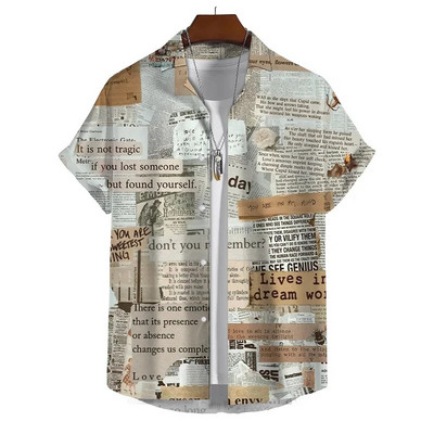 Senoviniai laikraščio rašto marškiniai vyrams Vasaros atostogų laisvalaikio marškiniai Kūrybiški grafiški trumpomis rankovėmis gatvės apranga Didelė palaidinė
