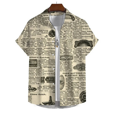 Senoviniai laikraščio rašto marškiniai vyrams Vasaros atostogų laisvalaikio marškiniai Kūrybiški grafiški trumpomis rankovėmis gatvės apranga Didelė palaidinė