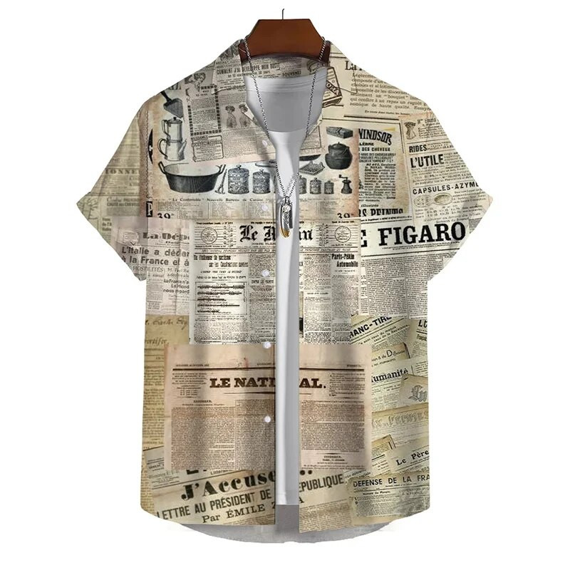 Senoviniai laikraščio rašto marškiniai vyrams Vasaros atostogų laisvalaikio marškiniai Kūrybiški grafiški trumpomis rankovėmis gatvės apranga Didelė palaidinė