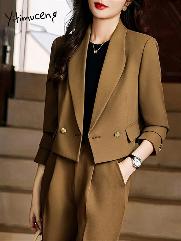 Yitimuceng Solid 2 részes készletek, női blézer, 2023, új divat, irodai női, lehúzható gallérú blézer, elegáns, magas derekú nadrágkosztüm