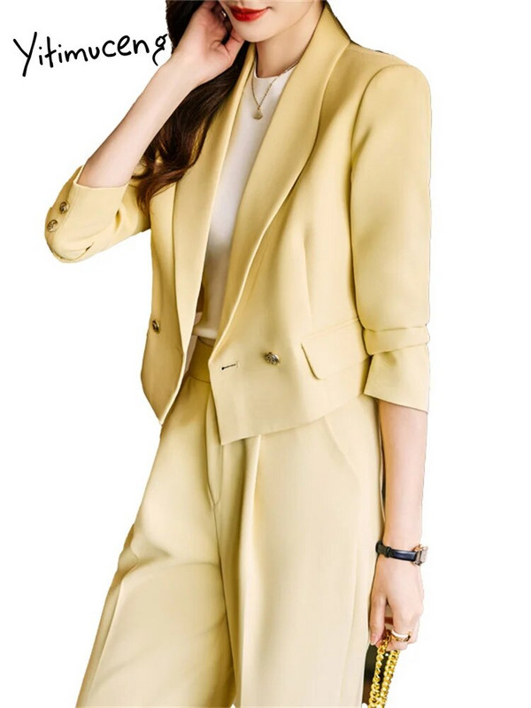 Yitimuceng Solid 2 részes készletek, női blézer, 2023, új divat, irodai női, lehúzható gallérú blézer, elegáns, magas derekú nadrágkosztüm