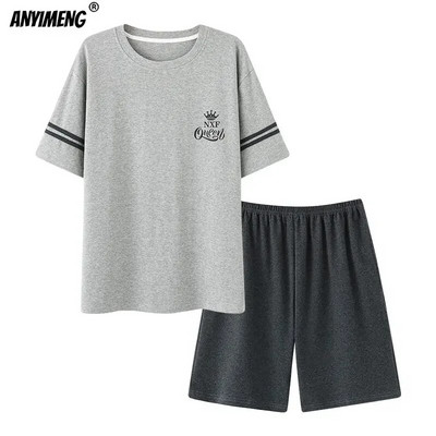 Πιτζάμες Ανδρικά Βαμβακερά Sleepwear Καλοκαιρινό Σορτς Leisure Είδη σπιτιού Μαύρο χρώμα Εκτύπωση γράμματος Πιτζάμες Plus Size Sporty Sleep Wear 4xl