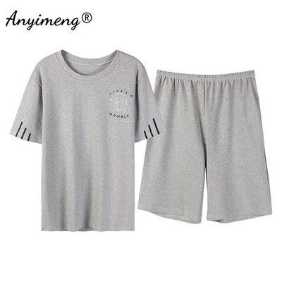 Πιτζάμες Ανδρικά Βαμβακερά Sleepwear Καλοκαιρινό Σορτς Leisure Είδη σπιτιού Μαύρο χρώμα Εκτύπωση γράμματος Πιτζάμες Plus Size Sporty Sleep Wear 4xl