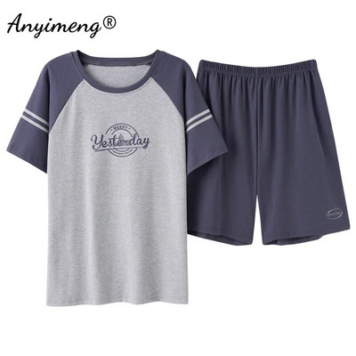 Πιτζάμες Ανδρικά Βαμβακερά Sleepwear Καλοκαιρινό Σορτς Leisure Είδη σπιτιού Μαύρο χρώμα Εκτύπωση γράμματος Πιτζάμες Plus Size Sporty Sleep Wear 4xl