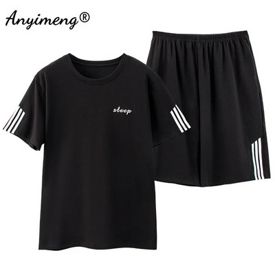 Πιτζάμες Ανδρικά Βαμβακερά Sleepwear Καλοκαιρινό Σορτς Leisure Είδη σπιτιού Μαύρο χρώμα Εκτύπωση γράμματος Πιτζάμες Plus Size Sporty Sleep Wear 4xl