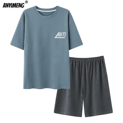 Πιτζάμες Ανδρικά Βαμβακερά Sleepwear Καλοκαιρινό Σορτς Leisure Είδη σπιτιού Μαύρο χρώμα Εκτύπωση γράμματος Πιτζάμες Plus Size Sporty Sleep Wear 4xl