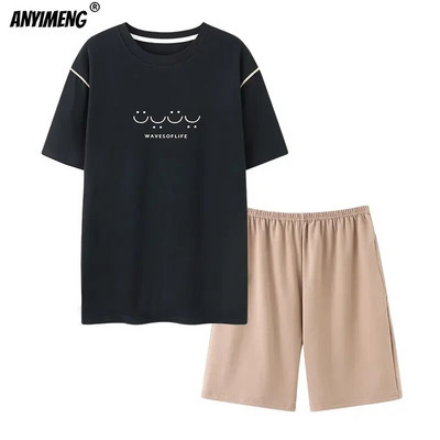 Πιτζάμες Ανδρικά Βαμβακερά Sleepwear Καλοκαιρινό Σορτς Leisure Είδη σπιτιού Μαύρο χρώμα Εκτύπωση γράμματος Πιτζάμες Plus Size Sporty Sleep Wear 4xl