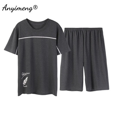 Πιτζάμες Ανδρικά Βαμβακερά Sleepwear Καλοκαιρινό Σορτς Leisure Είδη σπιτιού Μαύρο χρώμα Εκτύπωση γράμματος Πιτζάμες Plus Size Sporty Sleep Wear 4xl