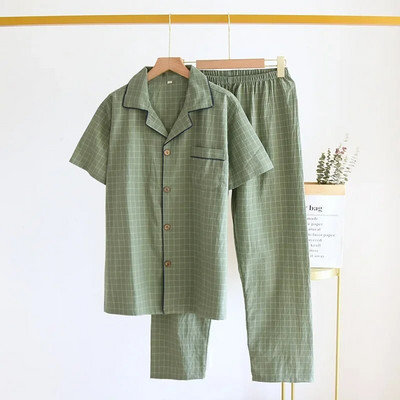 2024. Proljeće ljeto Muška pidžama Top kratkih rukava i hlače Isprani pamuk Jednostavno karirano odijelo za kućne usluge Pantalon Pijama Hombre