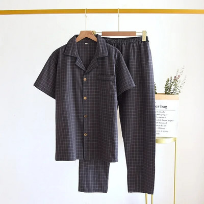 2024. Proljeće ljeto Muška pidžama Top kratkih rukava i hlače Isprani pamuk Jednostavno karirano odijelo za kućne usluge Pantalon Pijama Hombre