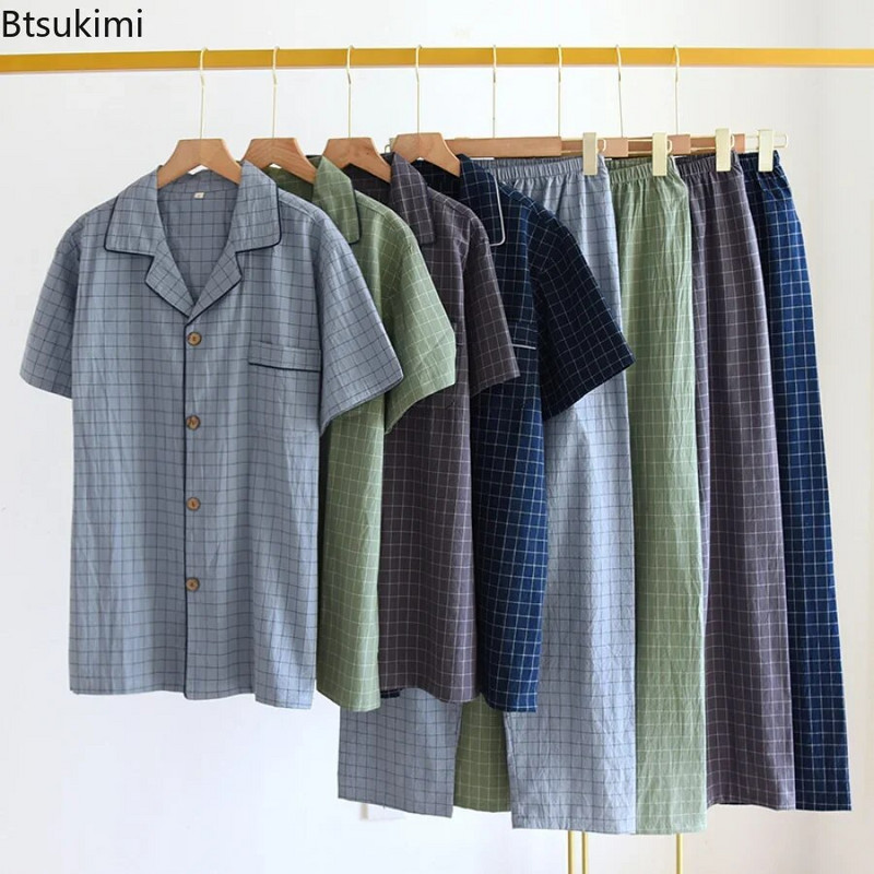 2024. Proljeće ljeto Muška pidžama Top kratkih rukava i hlače Isprani pamuk Jednostavno karirano odijelo za kućne usluge Pantalon Pijama Hombre